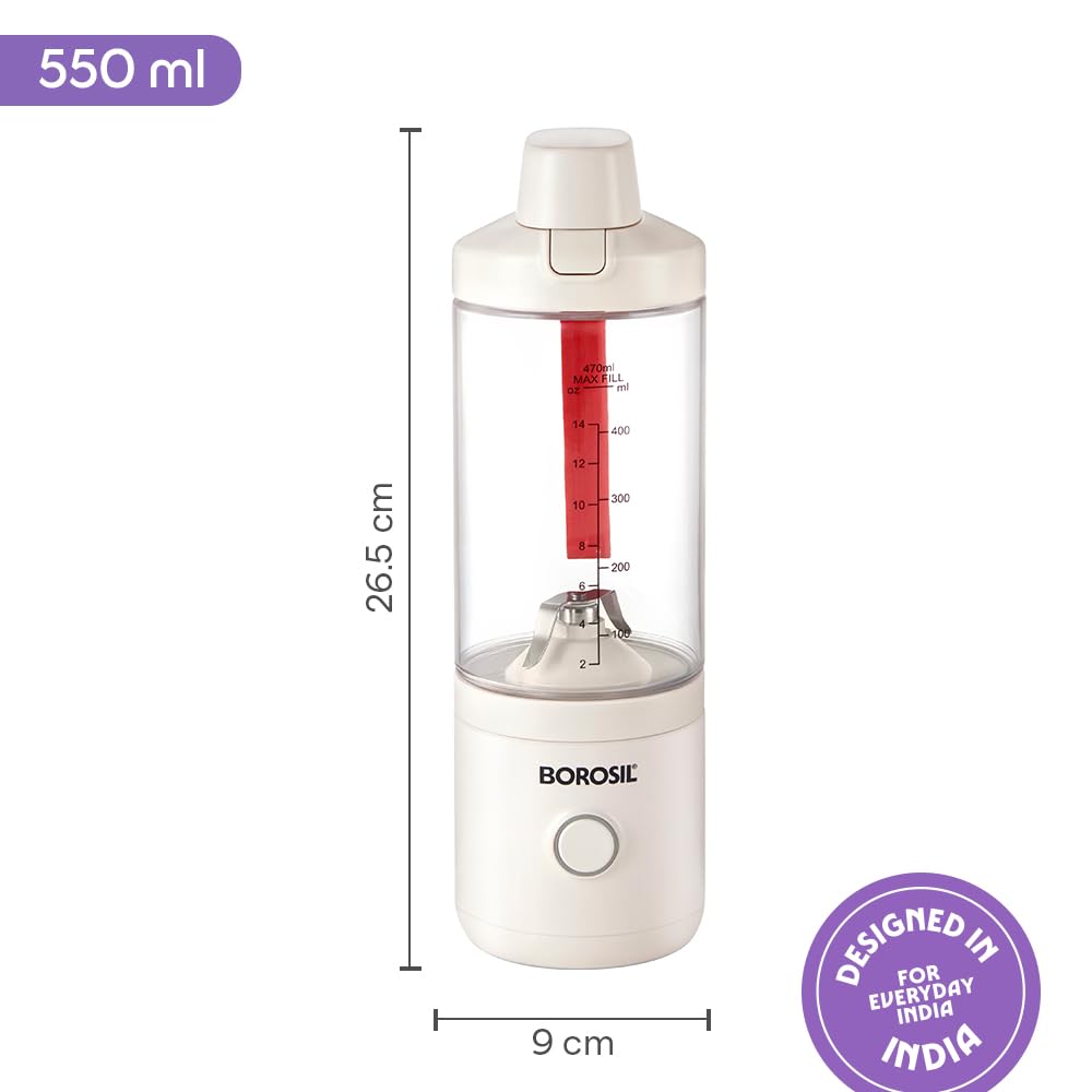 Borosil 75W NutriMate Portable Blender | 550ml Tritan Jar with Glass Grinding Jar | DC Motor | Smoothie Maker, Protein Shakes, Juices | Compact & Travel Friendly | 1 Year Warranty