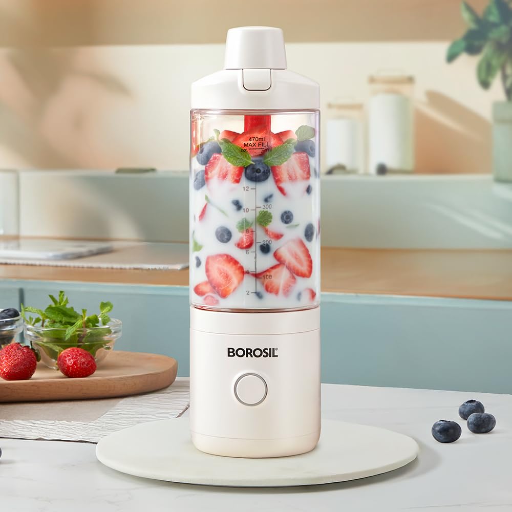 Borosil 75W NutriMate Portable Blender | 550ml Tritan Jar with Glass Grinding Jar | DC Motor | Smoothie Maker, Protein Shakes, Juices | Compact & Travel Friendly | 1 Year Warranty
