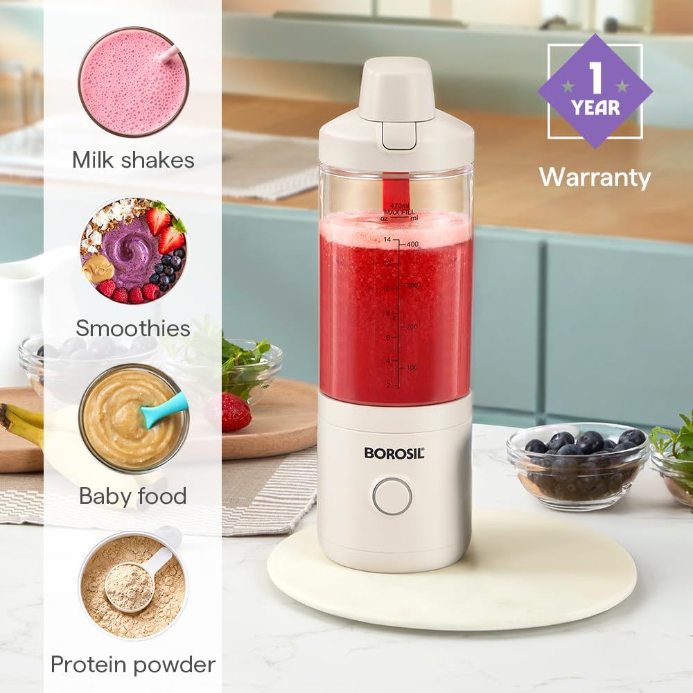 Borosil 75W NutriMate Portable Blender | 550ml Tritan Jar with Glass Grinding Jar | DC Motor | Smoothie Maker, Protein Shakes, Juices | Compact & Travel Friendly | 1 Year Warranty