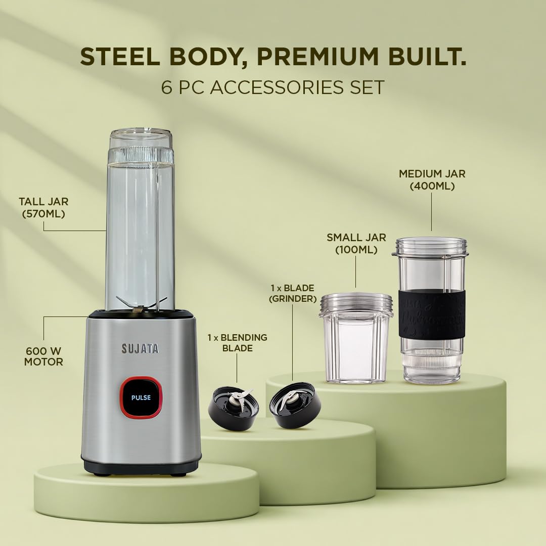 Sujata Nutromatic 600 Watt Electric Blender | Personal Blender for Smoothies, Juices & Nutritious Drinks with 3 Multipurpose Jars Including Travel Jar