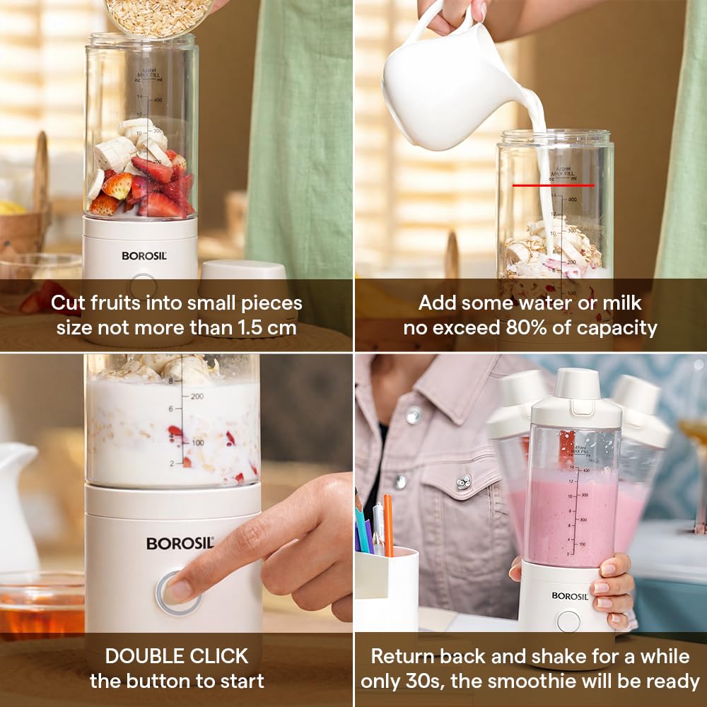Borosil 75W NutriMate Portable Blender | 550ml Tritan Jar with Glass Grinding Jar | DC Motor | Smoothie Maker, Protein Shakes, Juices | Compact & Travel Friendly | 1 Year Warranty