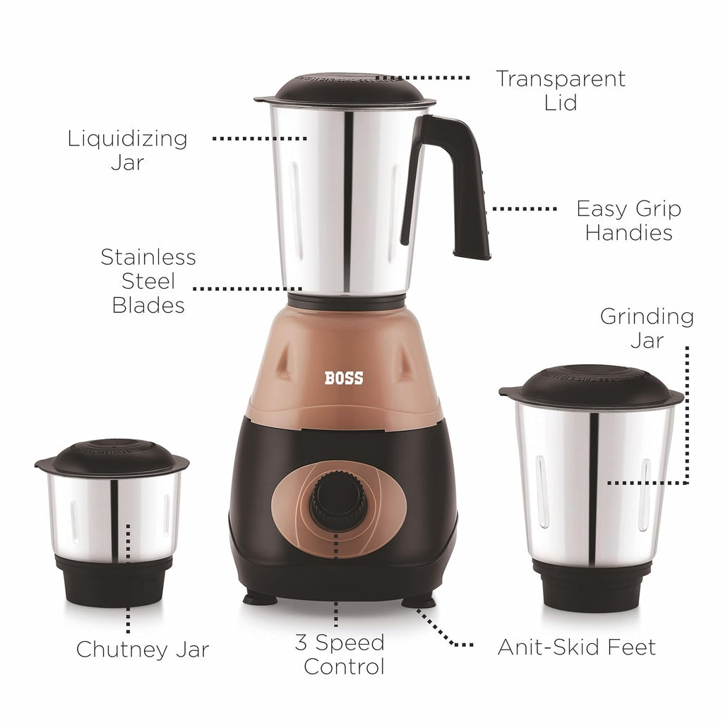 BOSS Bravo 500W Mixer Grinder with Powerful Motor, 3 SS Jars, 2 years warranty*