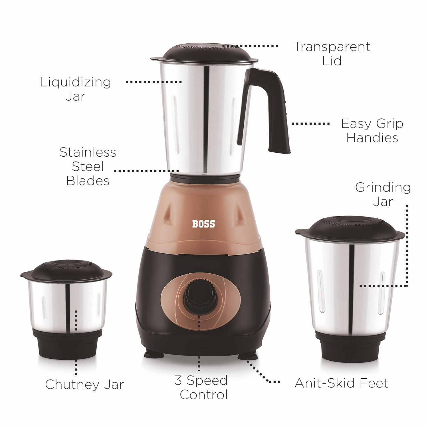 BOSS Bravo 500W Mixer Grinder with Powerful Motor, 3 SS Jars, 2 years warranty*