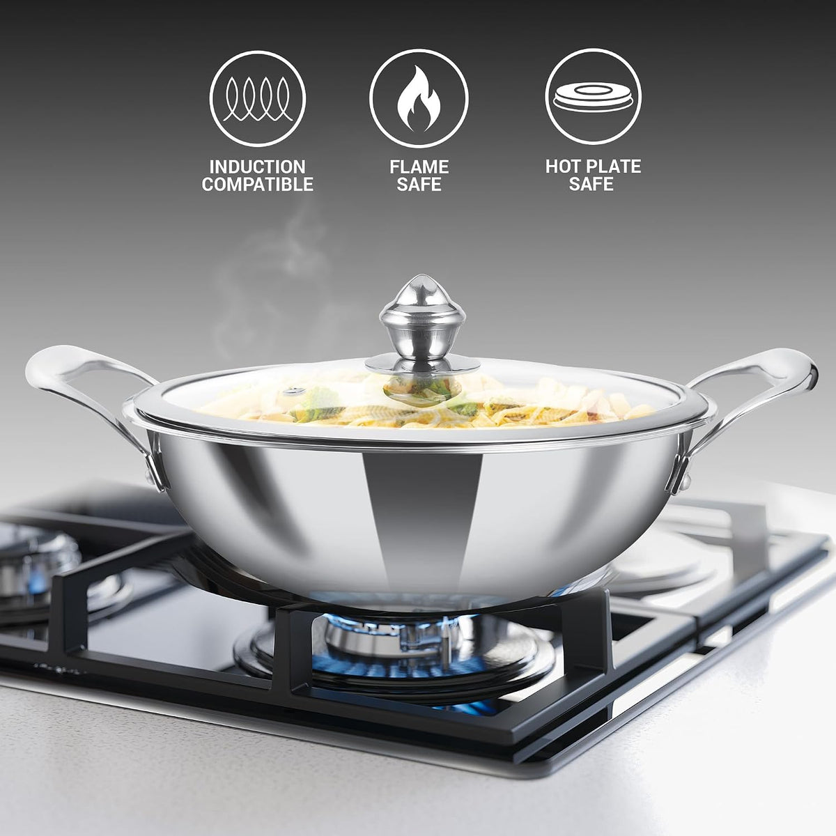 MILTON Pro cook Induction Cookware & Gas Stove Friendly Triply Hexa Tech Stainless Steel Kadhai with Glass Lid, 30 cm | 3 Layer Heavy Bottom Kadhai for Cooking | Easy to Clean | 3 Years Warranty