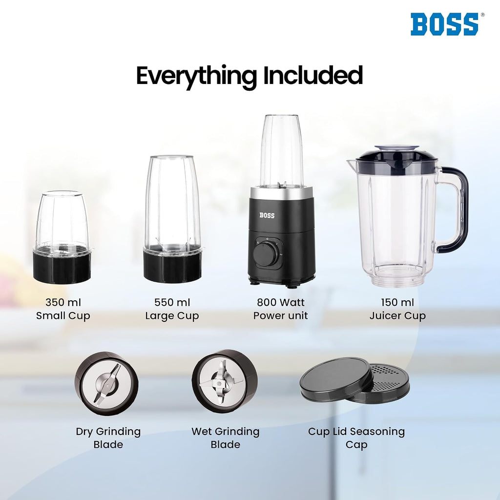 BOSS Nutri Neo 800W Juicer/Mixer/Grinder/Smoothie Maker, 3 Unbreakable Jars, 2 Blade Set - Wet & Dry, Silver, 2 Year Warranty