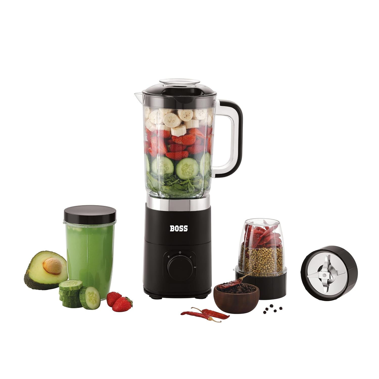 BOSS Nutri Neo 800W Juicer/Mixer/Grinder/Smoothie Maker, 3 Unbreakable Jars, 2 Blade Set - Wet & Dry, Silver, 2 Year Warranty