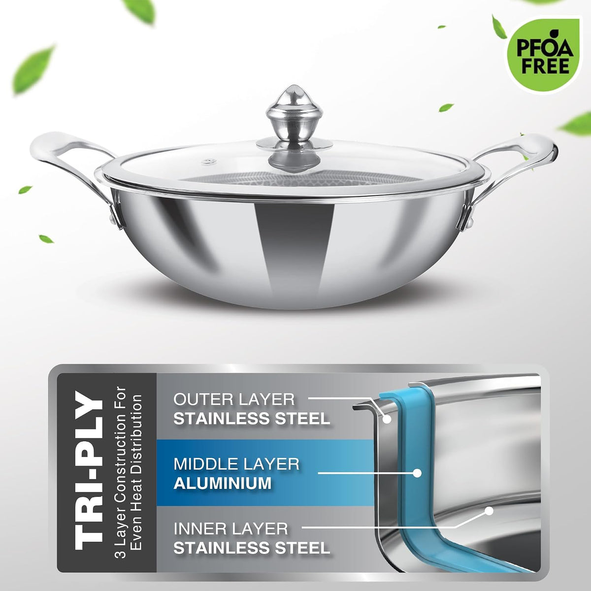 MILTON Pro cook Induction Cookware & Gas Stove Friendly Triply Hexa Tech Stainless Steel Kadhai with Glass Lid, 24 cm | 3 Layer Heavy Bottom Kadhai for Cooking | Easy to Clean | 3 Years Warranty