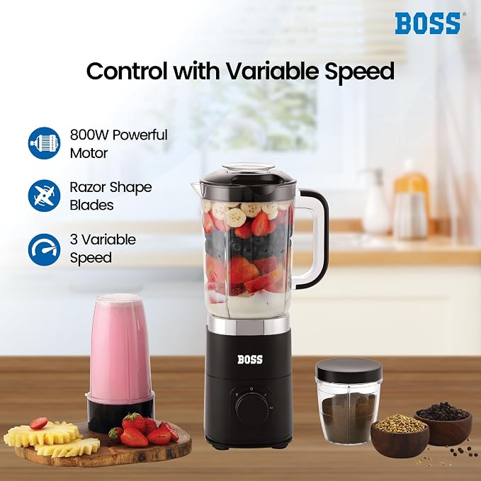 BOSS Nutri Neo 800W Juicer/Mixer/Grinder/Smoothie Maker, 3 Unbreakable Jars, 2 Blade Set - Wet & Dry, Silver, 2 Year Warranty