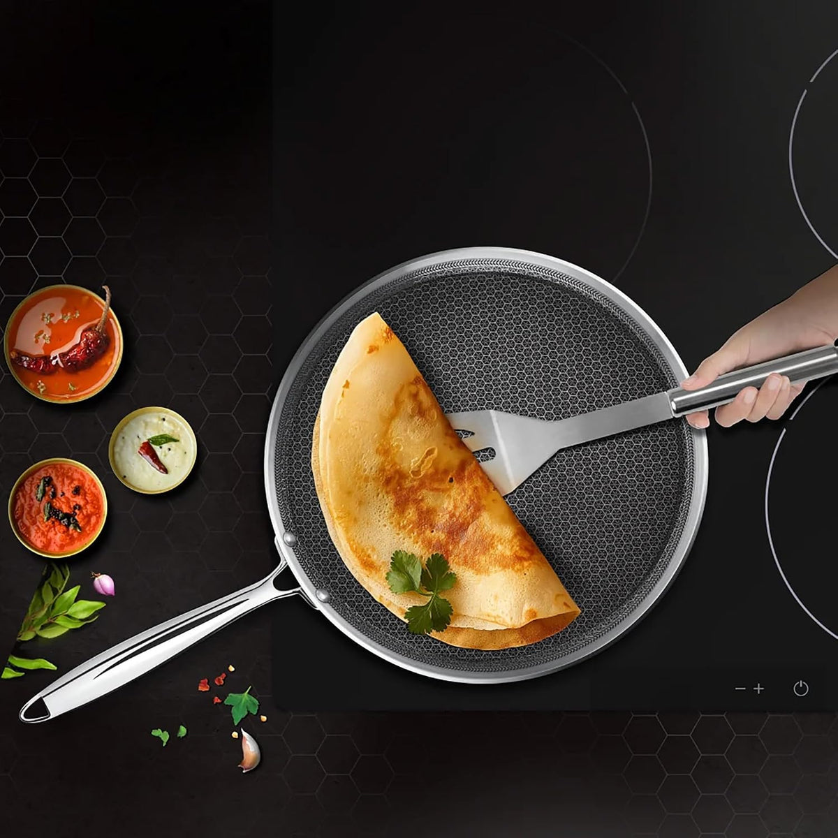 Milton Pro Cook Triply Stainless Steel Hexa Tech Omni Tawa 26cm | 3.5mm Thick | Greblon C3+ Coating Non Stick Dosa Tawa | PFOA-Free | Sturdy Handle |3Y Warranty