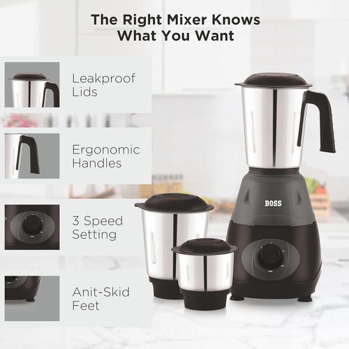 BOSS Bravo 500W Mixer Grinder with Powerful Motor, 3 SS Jars, 2 years warranty*