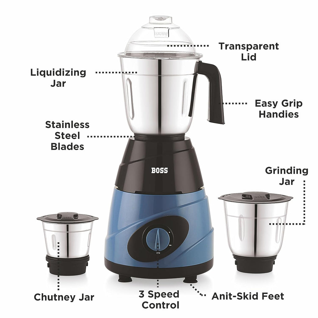BOSS Thunder 550W Mixer Grinder with 3 Jars (Liquidizing, Wet Grinding and Chutney Jar), High Speed Motor, SS Blades, 5 Years Motor Warranty with Overload Protector