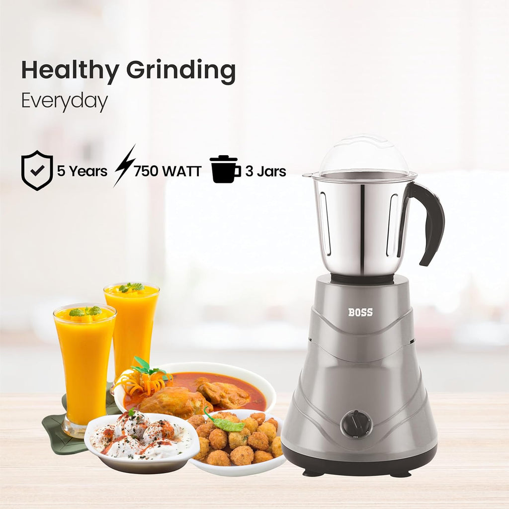BOSS Alpha 750W Mixer Grinder with Powerful Motor, 3 SS Jars, 5 years warranty