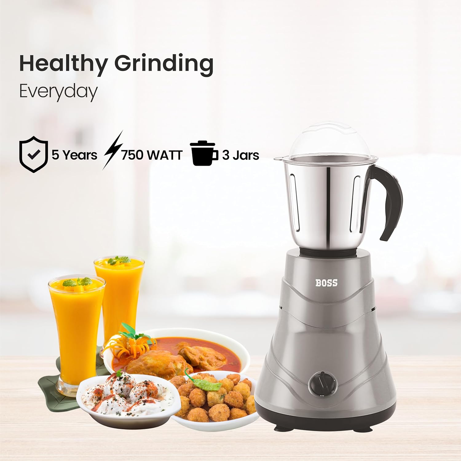 BOSS Alpha 750W Mixer Grinder with Powerful Motor, 3 SS Jars, 5 years warranty