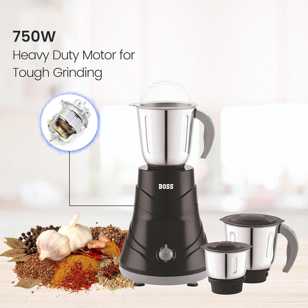 BOSS Alpha 750W Mixer Grinder with Powerful Motor, 3 SS Jars, 5 years warranty
