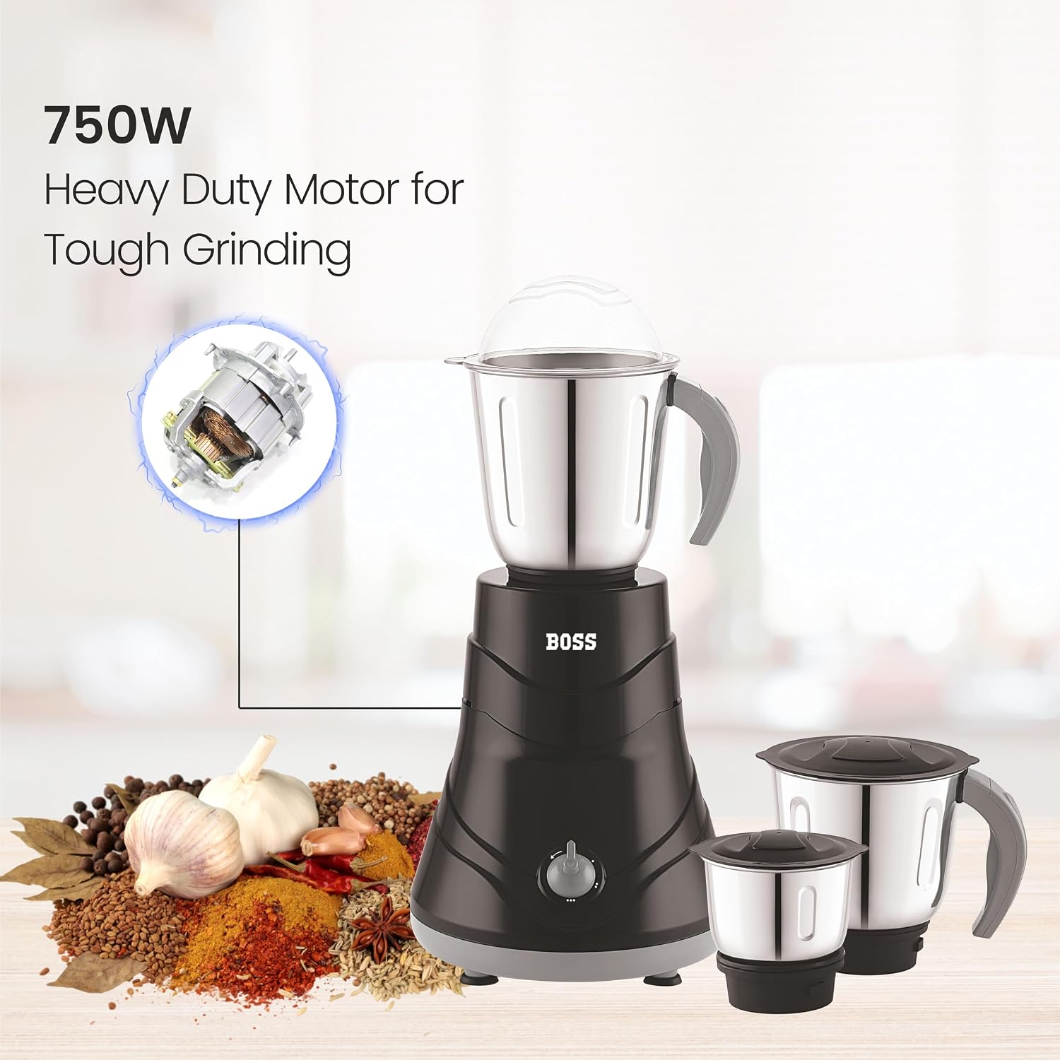 BOSS Alpha 750W Mixer Grinder with Powerful Motor, 3 SS Jars, 5 years warranty