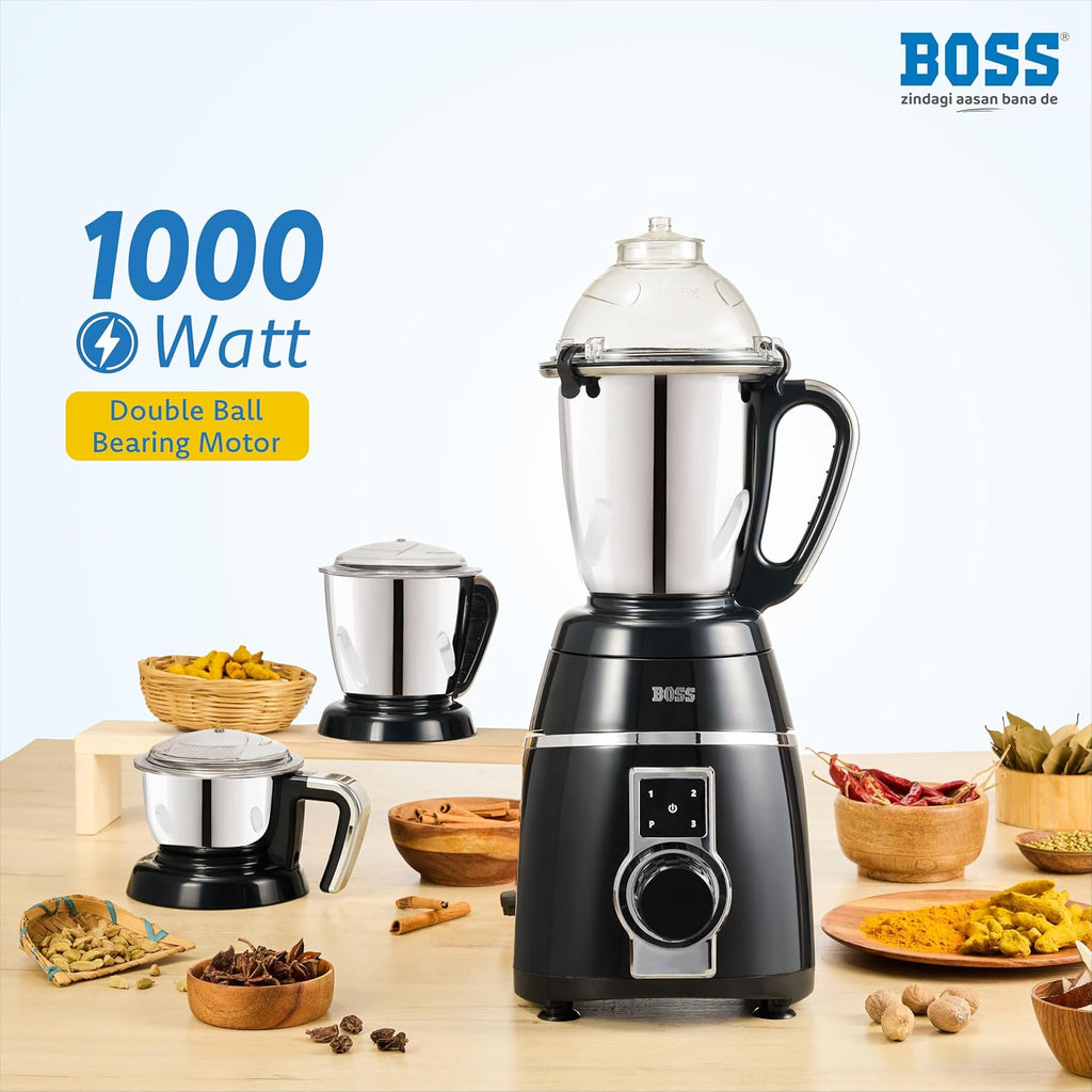 BOSS Tornado 1000-Watt Mixer Grinder, Blue,Black | 3-Jars | Wet Grinding, Dry Grinding, Chutney Grinding