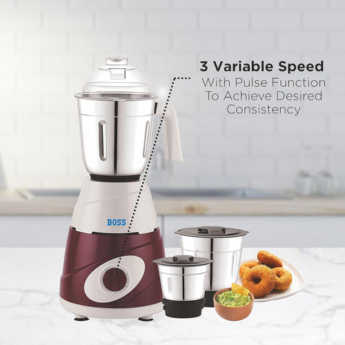 BOSS Thunder 550W Mixer Grinder with 3 Jars (Liquidizing, Wet Grinding and Chutney Jar), High Speed Motor, SS Blades, 5 Years Motor Warranty with Overload Protector