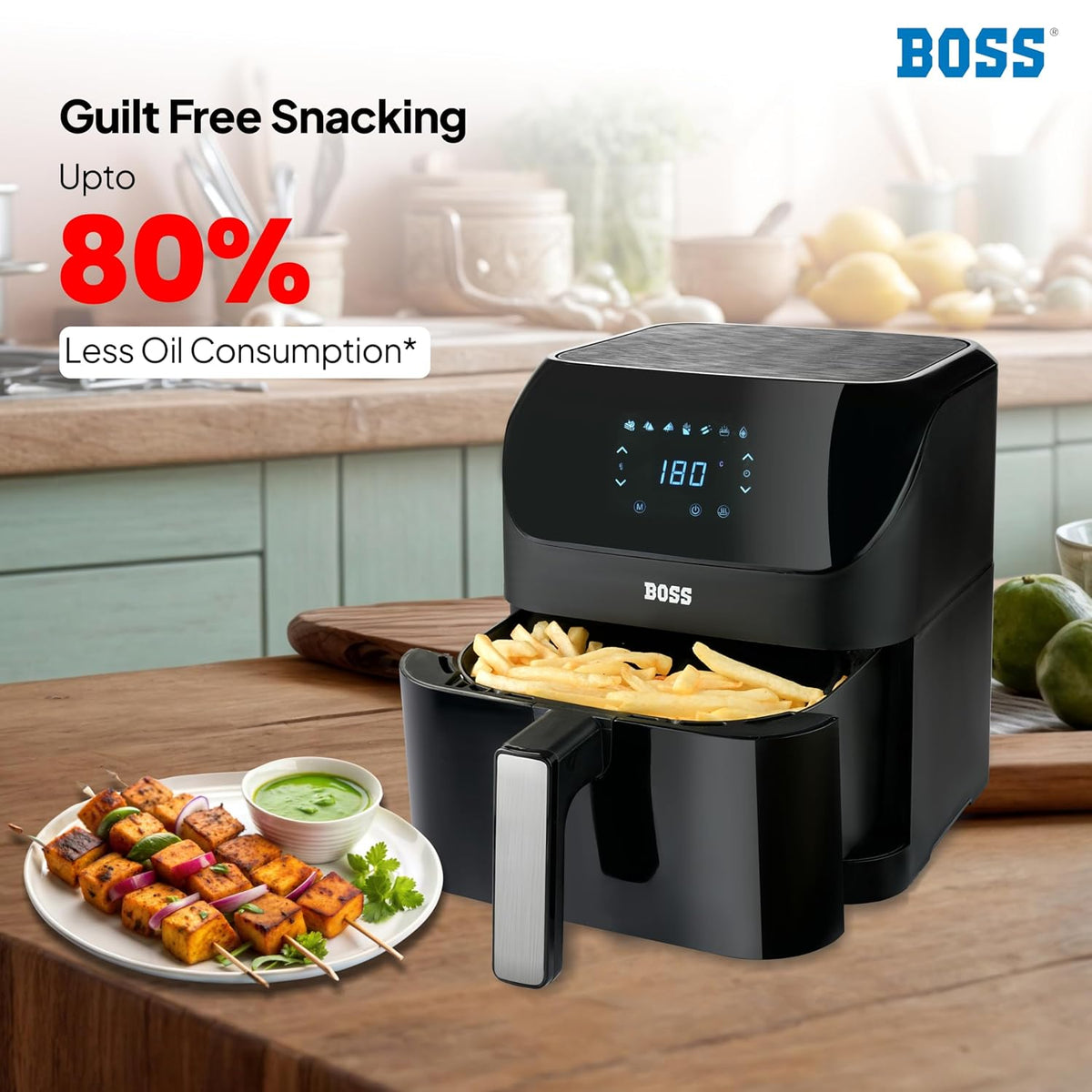 BOSS Aero fry Digital Air Fryer, 360° High Speed Air Circulation Technology 1500W with Non-Stick 6 L Basket - Black