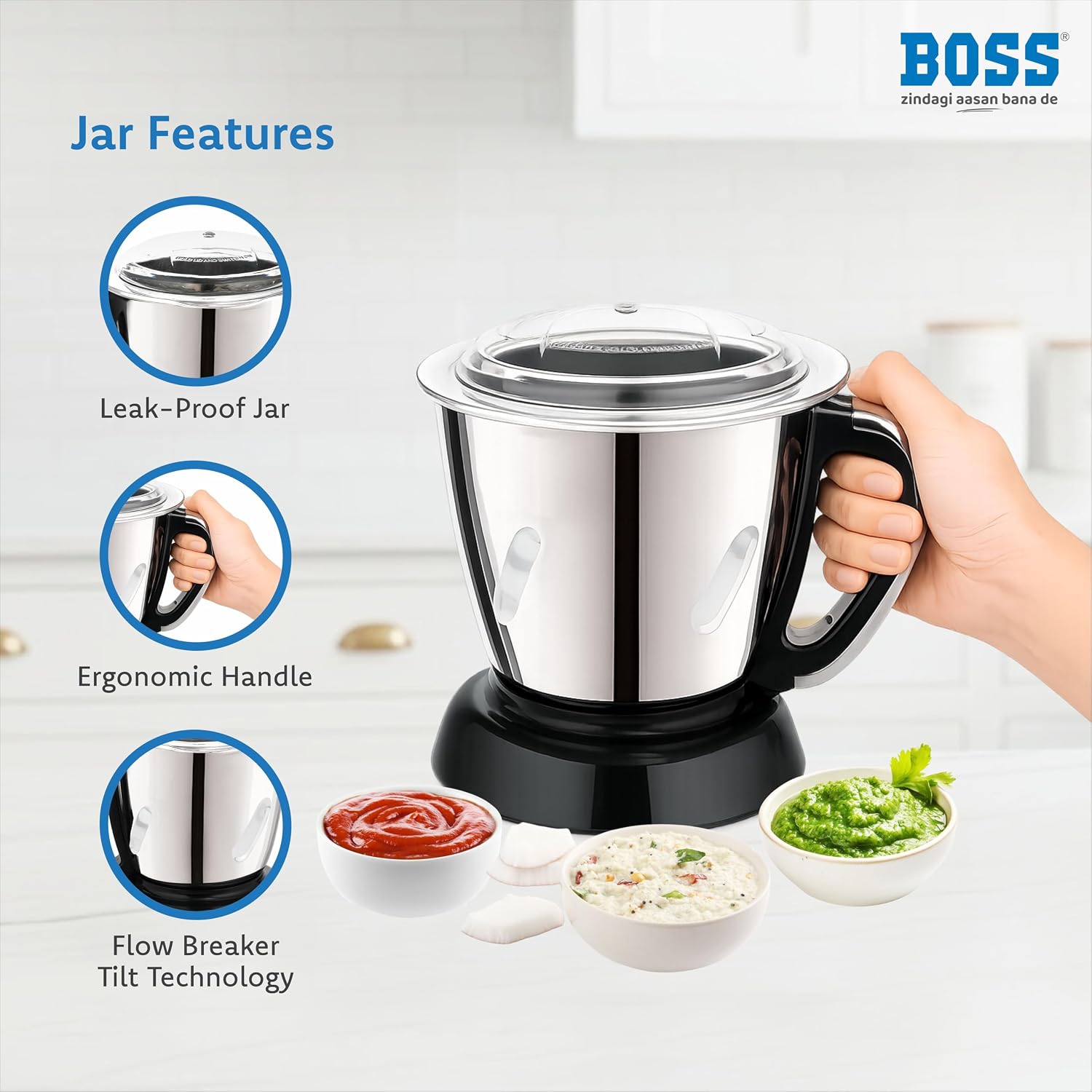 BOSS Tornado 1000-Watt Mixer Grinder, Blue,Black | 3-Jars | Wet Grinding, Dry Grinding, Chutney Grinding