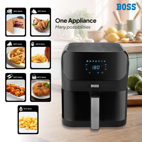 BOSS Aero fry Digital Air Fryer, 360° High Speed Air Circulation Technology 1500W with Non-Stick 6 L Basket - Black