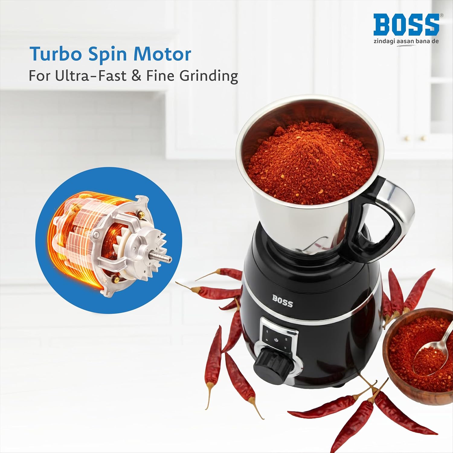 BOSS Tornado 1000-Watt Mixer Grinder, Blue,Black | 3-Jars | Wet Grinding, Dry Grinding, Chutney Grinding