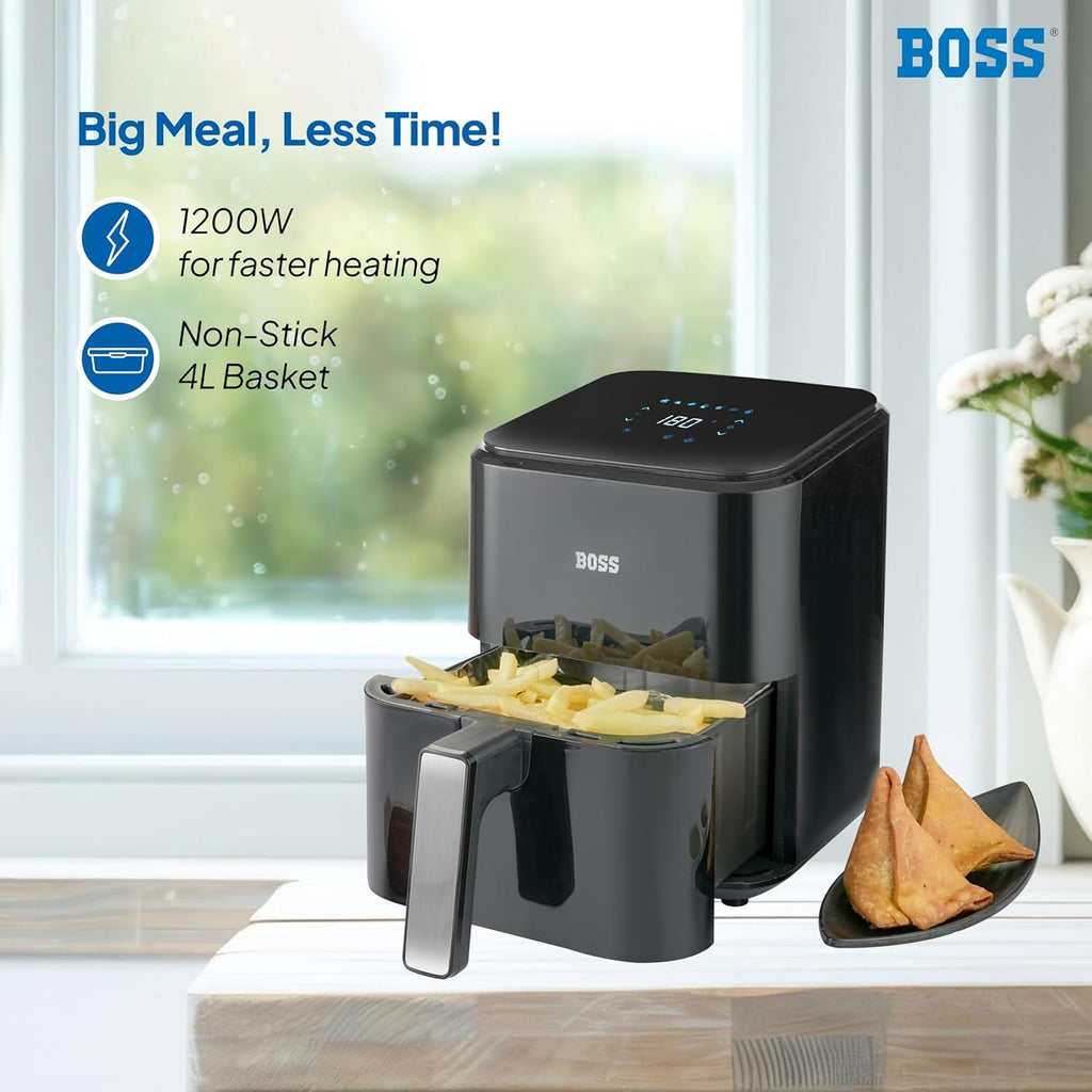 BOSS SmartFry Digital Air Fryer, 360° High Speed Air Circulation Technology 1200W with Non-Stick 4 L Basket - Black