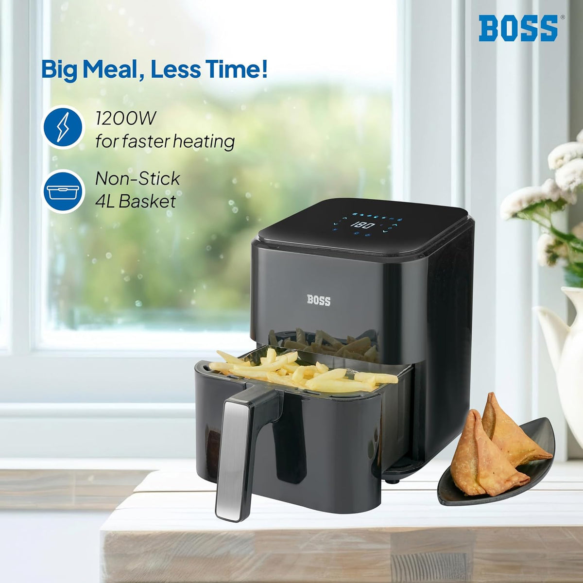 BOSS SmartFry Digital Air Fryer, 360° High Speed Air Circulation Technology 1200W with Non-Stick 4 L Basket - Black