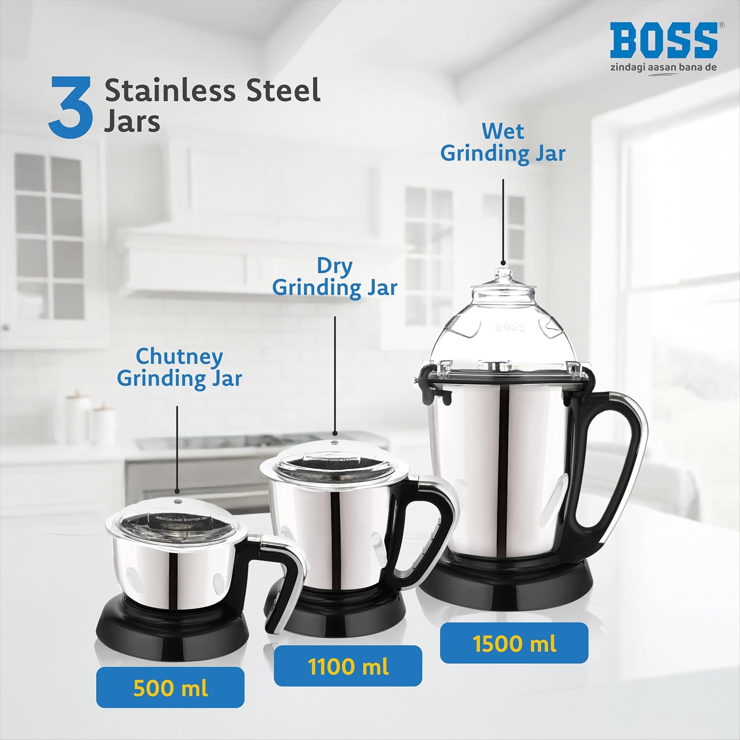 BOSS Tornado 1000-Watt Mixer Grinder, Blue,Black | 3-Jars | Wet Grinding, Dry Grinding, Chutney Grinding