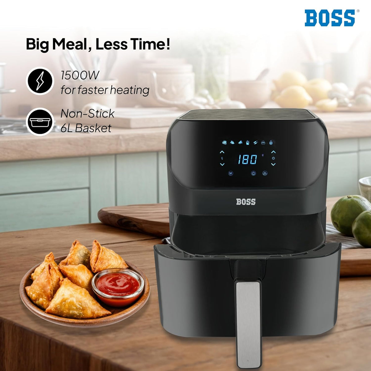 BOSS Aero fry Digital Air Fryer, 360° High Speed Air Circulation Technology 1500W with Non-Stick 6 L Basket - Black