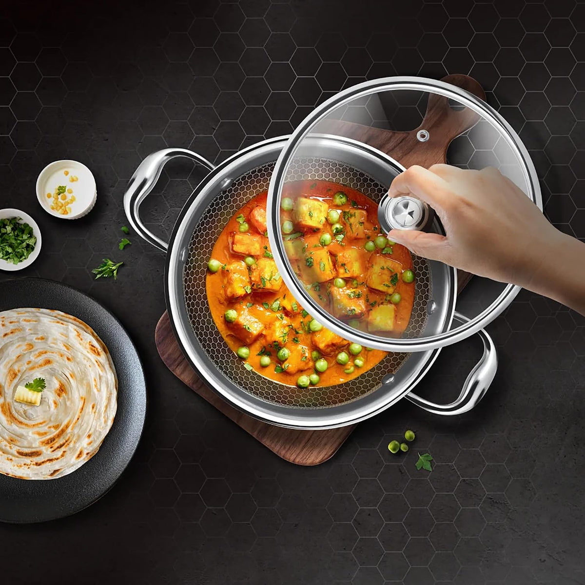 MILTON Pro cook Induction Cookware & Gas Stove Friendly Triply Hexa Tech Stainless Steel Kadhai with Glass Lid, 30 cm | 3 Layer Heavy Bottom Kadhai for Cooking | Easy to Clean | 3 Years Warranty