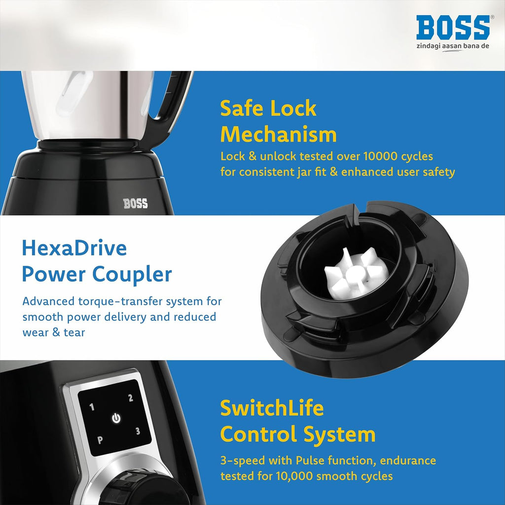 BOSS Tornado 1000-Watt Mixer Grinder, Blue,Black | 3-Jars | Wet Grinding, Dry Grinding, Chutney Grinding