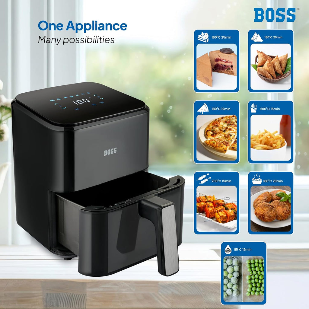 BOSS SmartFry Digital Air Fryer, 360° High Speed Air Circulation Technology 1200W with Non-Stick 4 L Basket - Black