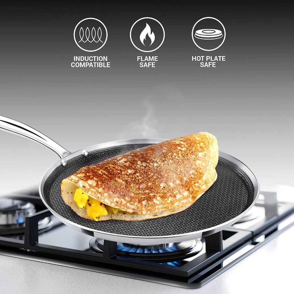 Milton Pro Cook Triply Stainless Steel Hexa Tech Omni Tawa 26cm | 3.5mm Thick | Greblon C3+ Coating Non Stick Dosa Tawa | PFOA-Free | Sturdy Handle |3Y Warranty