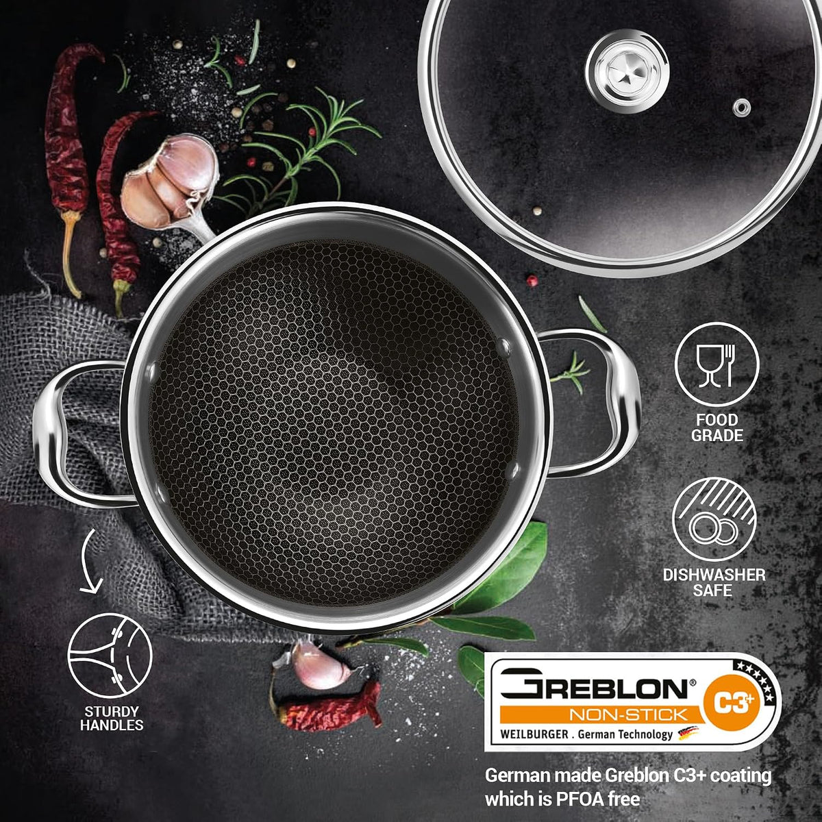 MILTON Pro cook Induction Cookware & Gas Stove Friendly Triply Hexa Tech Stainless Steel Kadhai with Glass Lid, 30 cm | 3 Layer Heavy Bottom Kadhai for Cooking | Easy to Clean | 3 Years Warranty