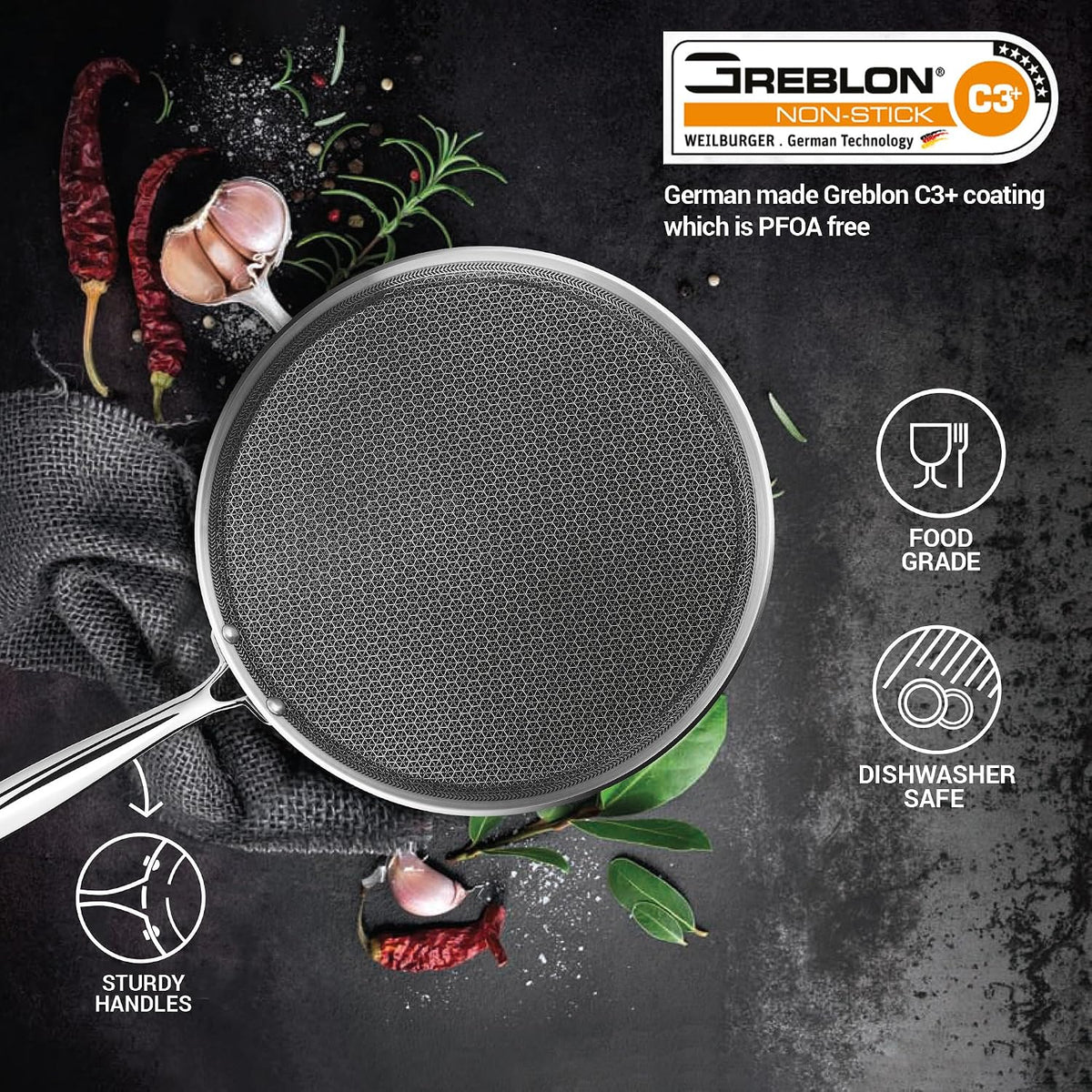 Milton Pro Cook Triply Stainless Steel Hexa Tech Omni Tawa 30cm | 3.5mm Thick | Greblon C3+ Coating Non Stick Dosa Tawa | PFOA-Free | Sturdy Handle |3Y Warranty