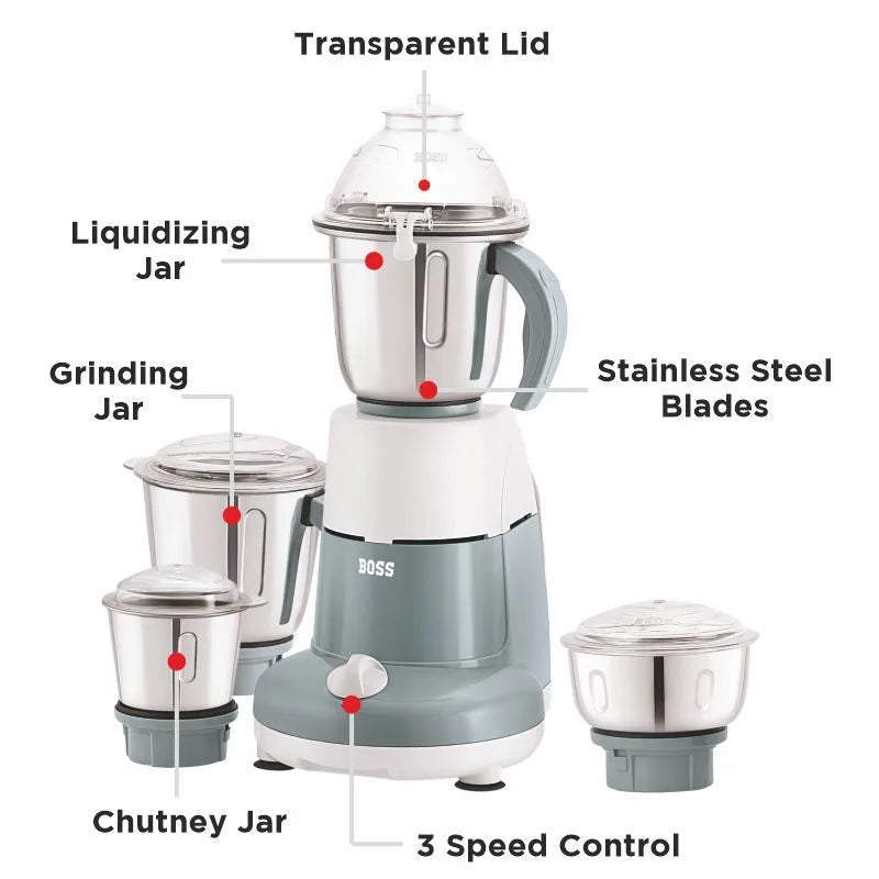 BOSS Excel Pro 750W Mixer Grinder with Powerful Motor, 4 SS Jars, 5 years warranty
