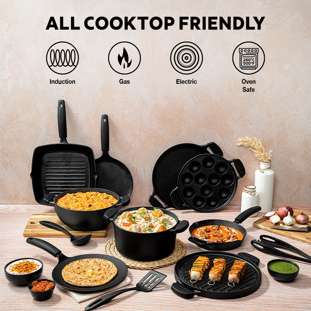 Titanex 30cm Pre-Seasoned Cast Iron Reversible Dosa Tawa/ Grill Pan with Heat Resistant Silicone Grip